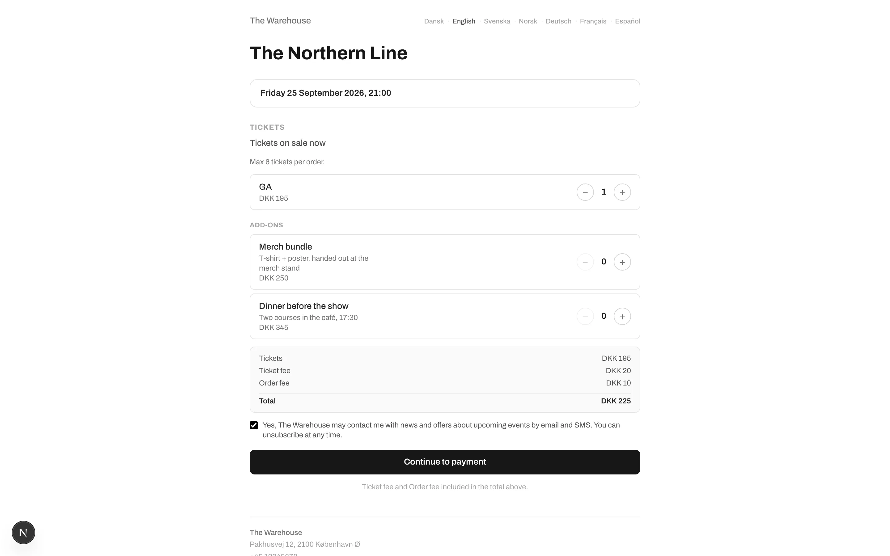 Screenshot of checkout with a ticket fee breakdown, the marketing-consent checkbox ticked, and the Continue to payment button