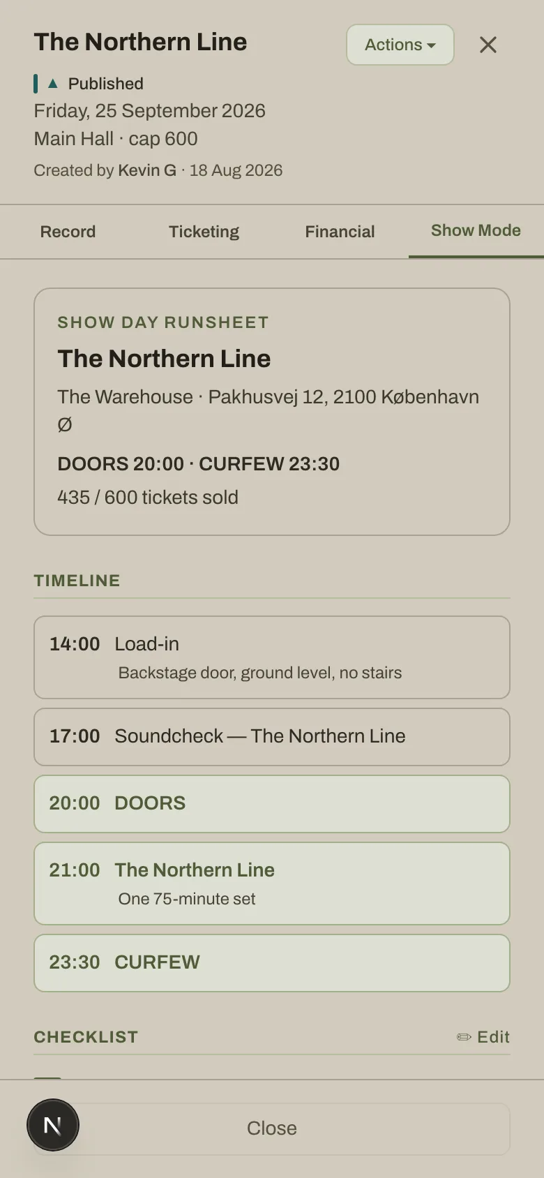 Screenshot of Show Mode on a phone: the day's runsheet with load-in, soundcheck, doors and curfew times