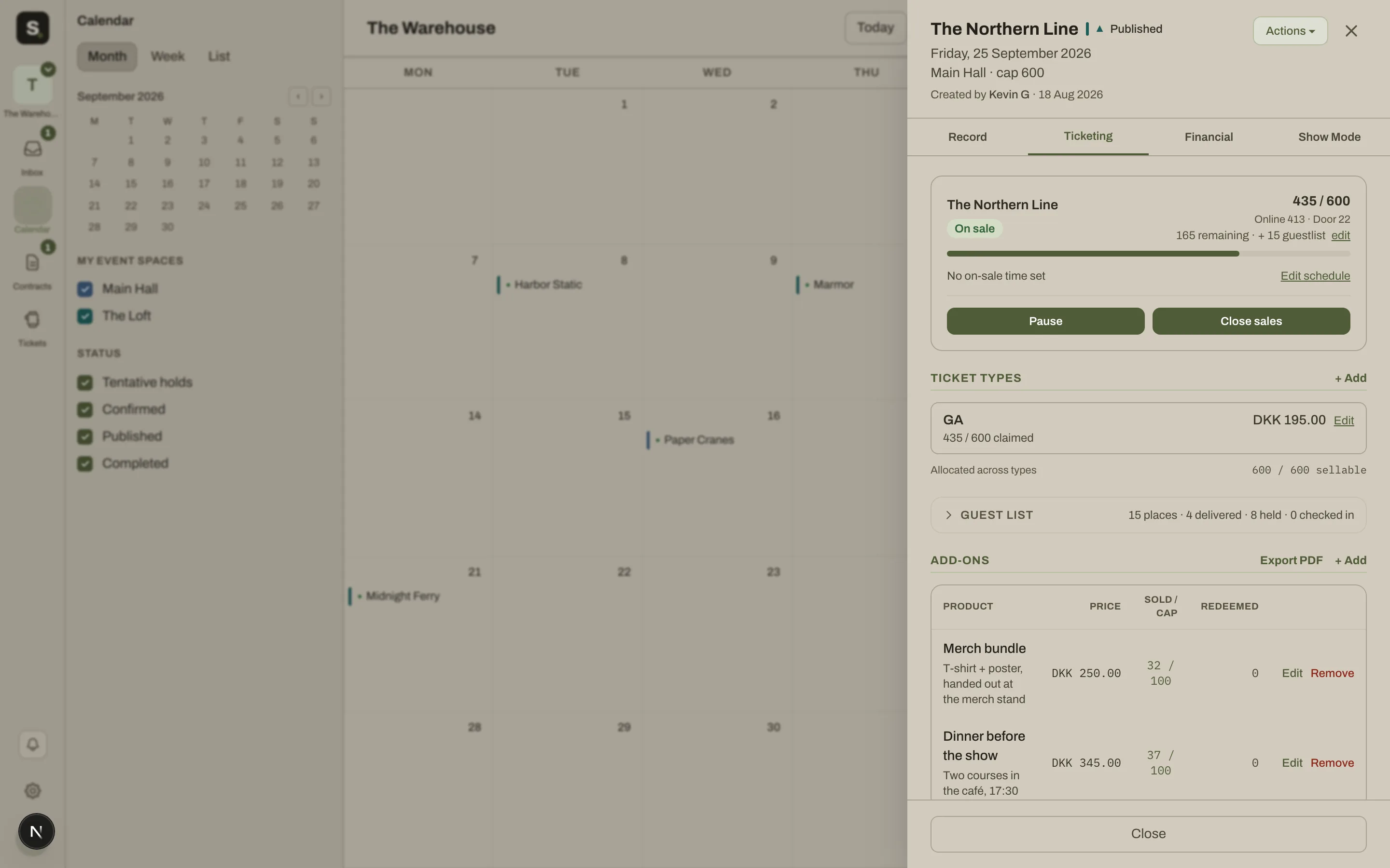 Screenshot of the Ticketing tab: ticket types, prices and add-ons for a live event, with sales figures updating in real time