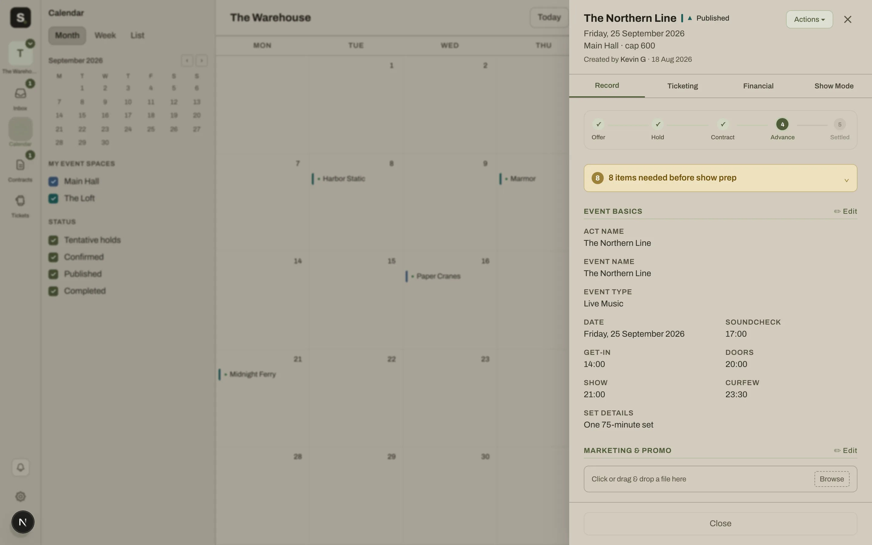 Screenshot of a Showrunner record: the show's date, space and booking details, filled in automatically from a forwarded offer email